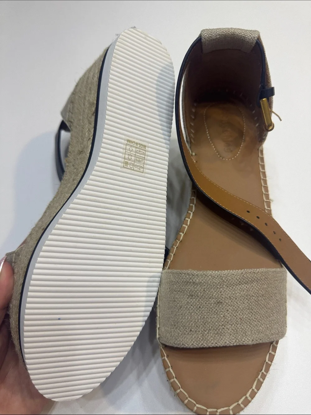 See By Chloé Beige Canvas Espadrille Sandals with Black Ankle Strap